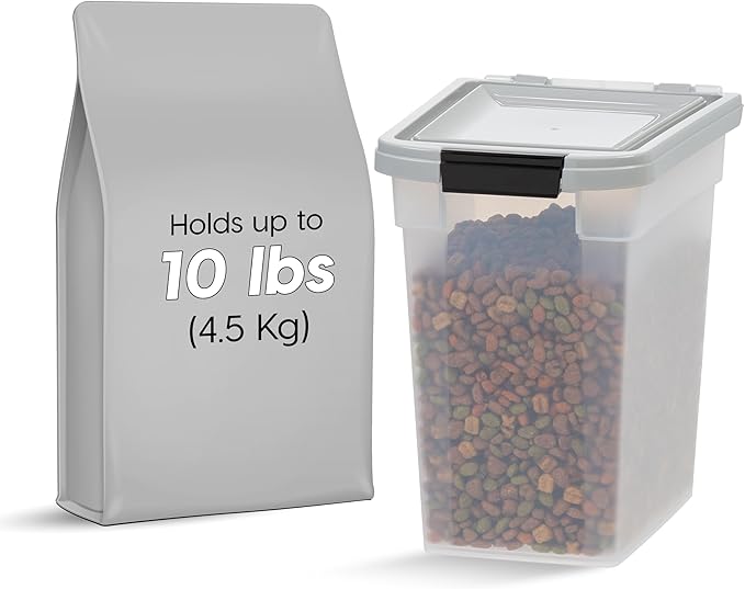 IRIS USA Airtight Dog Food Storage Container, WeatherPro, Up to 10 lbs, for Dog Cat Bird and Other Pet Food Storage Bin, Keep Fresh, Translucent Body, Made in USA, Clear/Gray