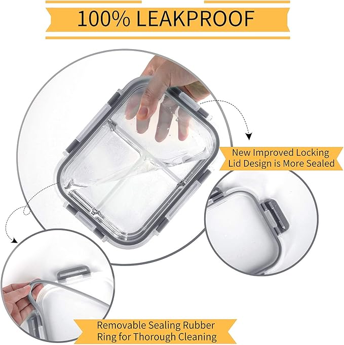 Bayco 8 Pack Glass Meal Prep Containers 3 Compartment, Glass Food Storage Containers with Lids, Airtight Lunch Bento Boxes, Leak Proof (8 lids & 8 Container) - Grey