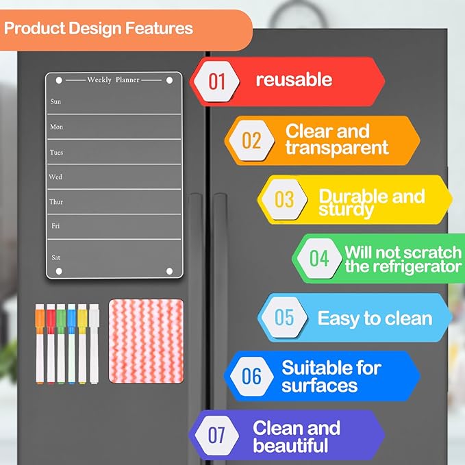 8"x12" Clear Weekly Meal Planner Magnetic Acrylic Board,Acrylic Magnetic Dry Erase Board for Fridge, Magnet Week Calendar for Refrigerator Includes 6 Colors Markers