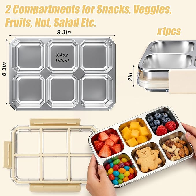 Palksky Snack Box Stainless Steel 6 Compartment, Reusable Snack Containers with Lids, Portion Control Snack Boxes for Adults, Ideal for Office Desk, Travel, Picnic & Fitness, 1 Packs