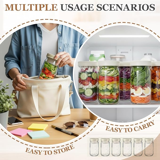 6 Pack 32oz Glass Salad Jars with 2 Dressing Cups & Leak Proof Lids - Meal Prep Containers for Lunch, Wet Dry Separation Container for Work Office Picnic, Overnight Oats(Apricot White)
