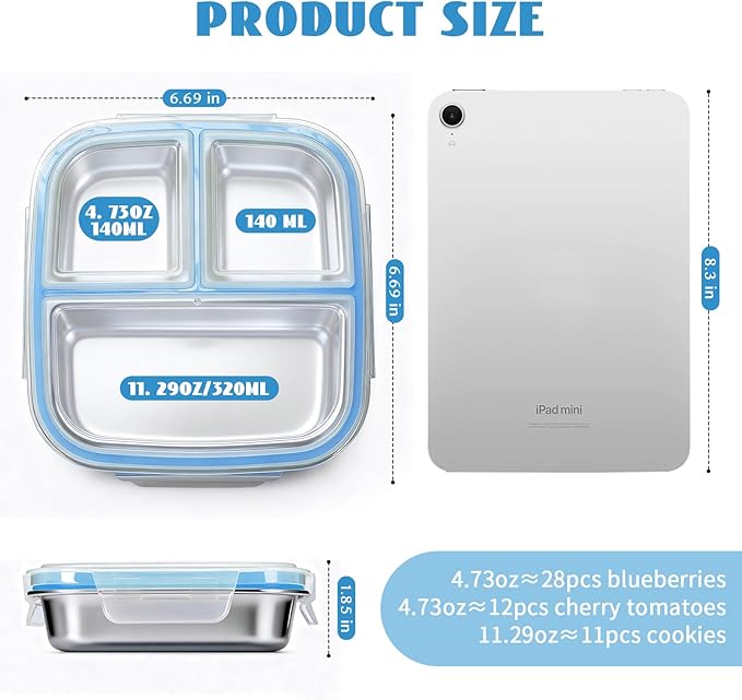 2 Pack Snack Containers for Kids, 3 Compartments Reusable on the go Bento Box with Lids, Stainless Steel Lunch Box Pre Meal Storage for School Outdoor Camping Travel - Blue & Orange