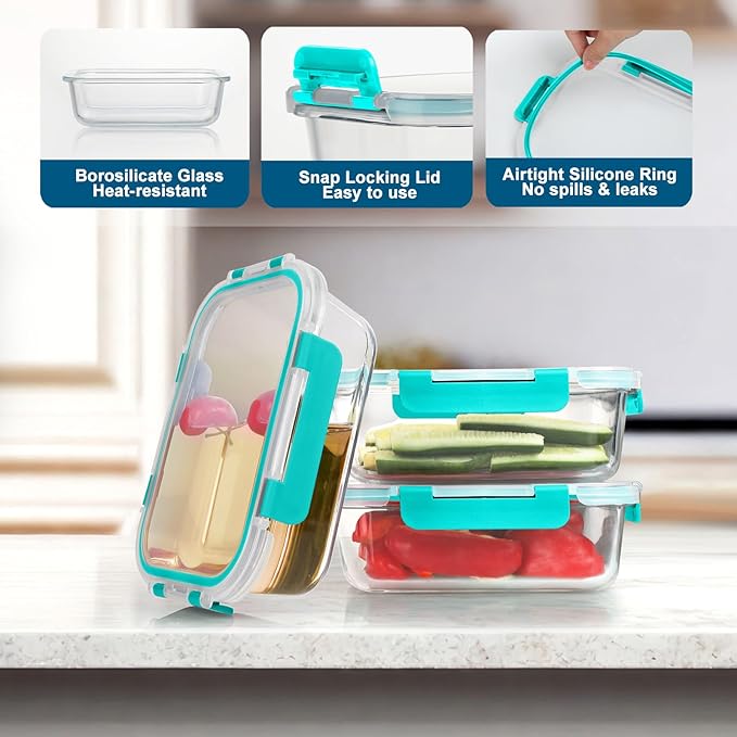 BAYZZ 10 Pack Glass Meal Prep Containers, Glass Food Storage Containers with Lids, Airtight Lunch Box, Freezer,Oven,Microwave and Dishwasher Safe,Green