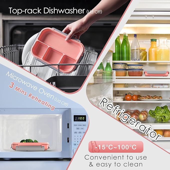 WHALEHOUSE Bento Lunch Box, 1000ML 4 Compartments Meal Prep Container with Utensil, Airtight Food Storage Container with Snap Locking Lids, Microwave/Dishwasher/Freezer Safe, On the Go