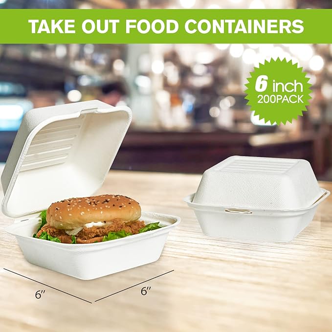 ECOLipak 200 Pack Clamshell Take Out Food Containers, 100% Compostable Disposable To Go Containers，6 * 6 inch To Go Boxes for Salad, Cake,Sandwiches