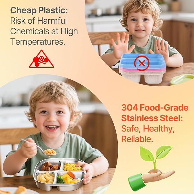 Stainless Steel Kids Plates,Set of 4 Toddler Plates with Lids - 4 Compartments Stainless Steel Snack Container for Kids Non Toxic & 100% BPA Free