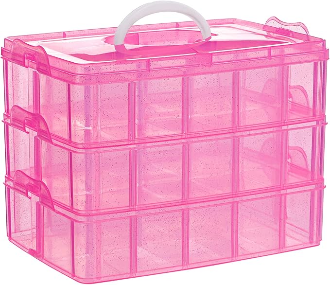 SGHUO Bead Organizers and Storage 3-Tier Pink Craft Container Stackable Box with Dividers for Art Supplies, Washi Tapes, Seed, Hair Accessories, Nail, 9.5X6.5X7.2in