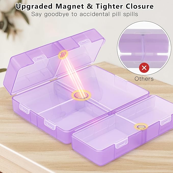 FYY Daily Pill Organizer,7 Compartments Portable Pill Case Travel Pill Organizer,[Folding Design] Large Pill Box for Purse Pocket to Hold Vitamins,Cod Liver Oil,Supplements and Medication-Clear Purple