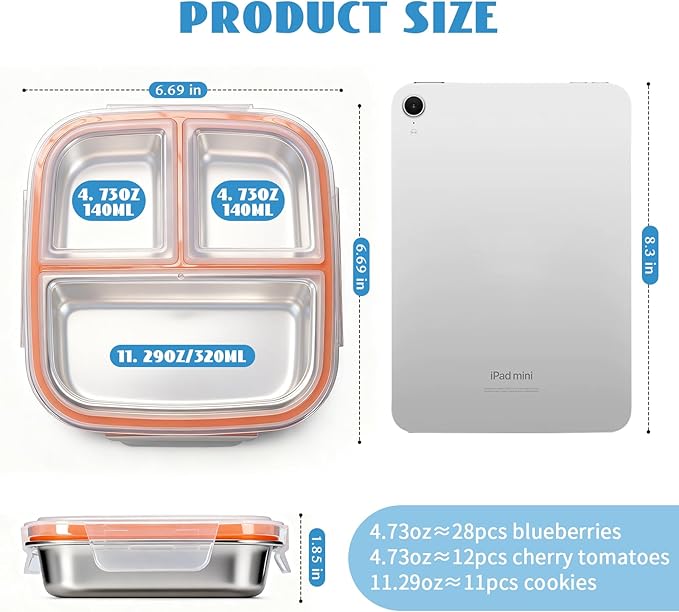 2 Pack Stainless Steel Snack Containers for Kids, 3 Compartments Reusable on the go Bento Box with Lids, Lunch Box Pre Meal Storage for School Outdoor Camping Travel - White & Orange