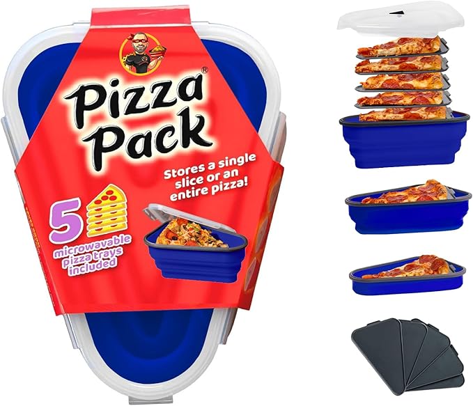 The Perfect Pizza Pack™ - Reusable Pizza Storage Container with 5 Microwavable Serving Trays - BPA-Free Adjustable Pizza Slice Container to Organize & Save Space, Blue