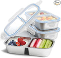 3 Pack Stainless Steel Snack Containers, 2 Compartment Reusable Metal Snack Boxes Containers with Leak-Proof Lids, Compact Lunch Box Food Storage Container