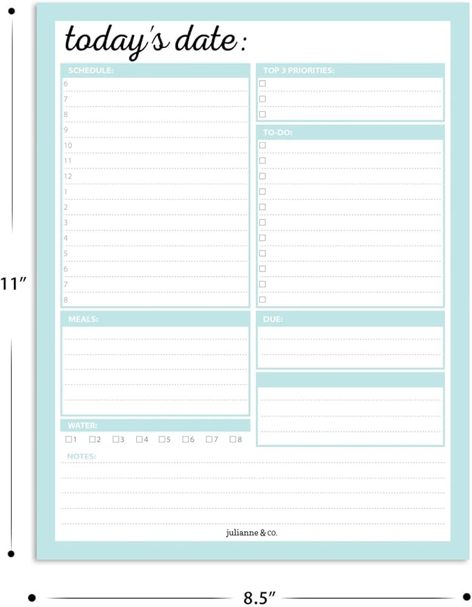 JULIANNE & CO Daily To-Do Undated Tear-Away Planner Notepads - Premium Personal Organizer for Home, Office, Work, School - 50 Pages for Daily Tasks, Notes, Water Intake and Meal Prep (8.5 x 11) (3-PK)