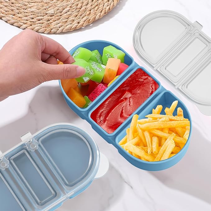 Silicone Snack Containers 3 Compartments Reusable Snackle Box with Lids Pack Portable Food Storage for Picnic Lunch Office Gym School BPA-Free & Dishwasher Safe (Pink/Blue/Green)