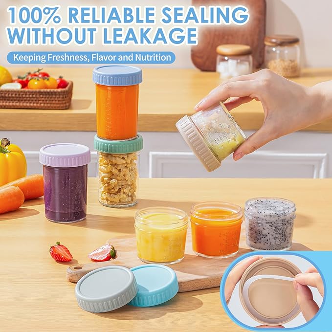 DRKIO 6 Pack Glass Baby Food Storage Containers - 4 & 8 oz Baby Food Jars with Lids Baby Food Maker Microwave Dishwasher Freezer Safe 100% Leak Proof BPA Free Reusable