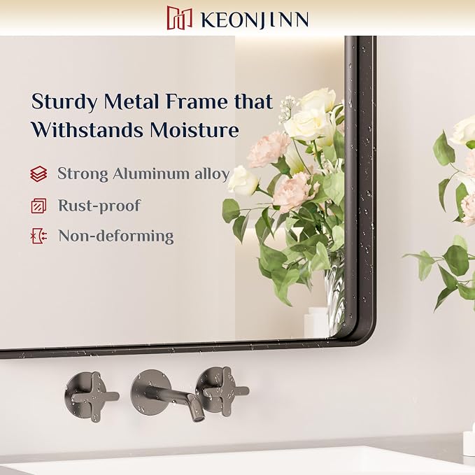 Keonjinn Black Bathroom Mirror, 30 x 36 Inch Rounded Rectangle Sandblasted - Image 7