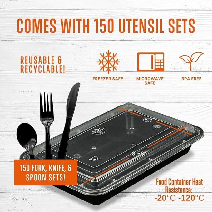 SQUATZ 150 Meal Prep Containers with Lids - 33oz, Microwave Safe, Reusable Food Storage, Freezer Safe, Leak-Free, Stackable Lunch Container, BPA Free, Includes 150(Forks, Knives, Spoons EACH)