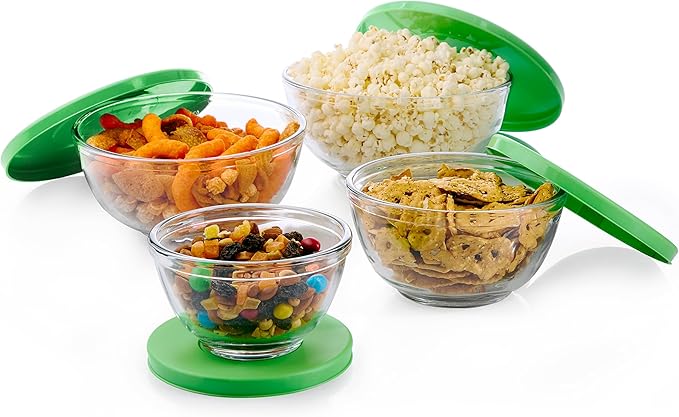 Libbey Baker's Basics 4 Piece Glass Mixing Bowl Set with Plastic Lids - Elegant Nesting Bowls - Glass Mixing Bowls with Lids to Store, Serve and More