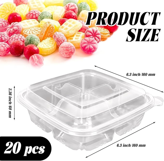 20 Pack Clear Bento Snack Food Containers, 4 Compartment Meal Prep Containers with Lids for School and Work