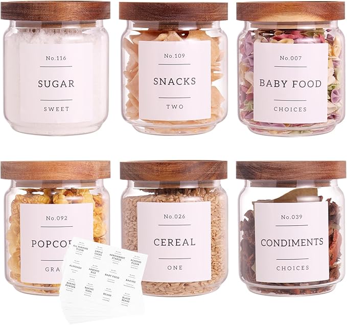 6 Set Glass Pantry Storage Jars with Acacia Airtight Lid - 15oz Thicken Glass Kitchen Canisters with 132 Pantry Labels - Clear Glass Food Storage Containers with Wood Lid for Tea,Sugar,Spice,herbs