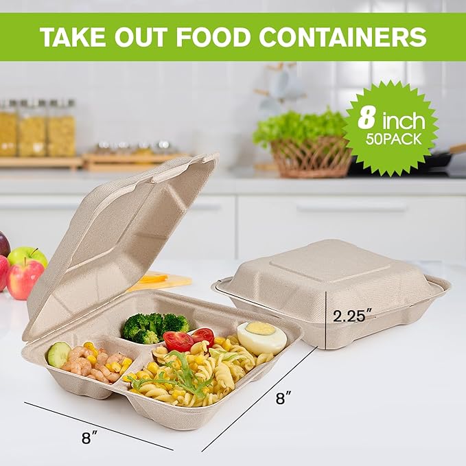 ECOLipak 50 Pack Clamshell To Go Containers, 100% Compostable Disposable Take Out Food Containers, 8X8 3-Compartment Heavy-Duty To Go Boxes,Eco-Friendly Biodegradable To Go Containers For Food