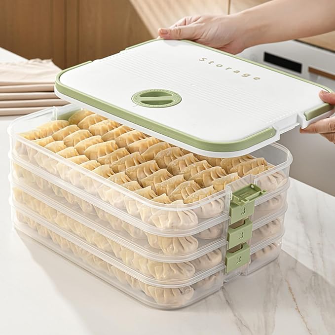 Dumplings Storage with 4 Layers, Stackable with Buckle, Lid & Handle for Cookies Wonton Donuts Box Organizer For Fridge, White-Green
