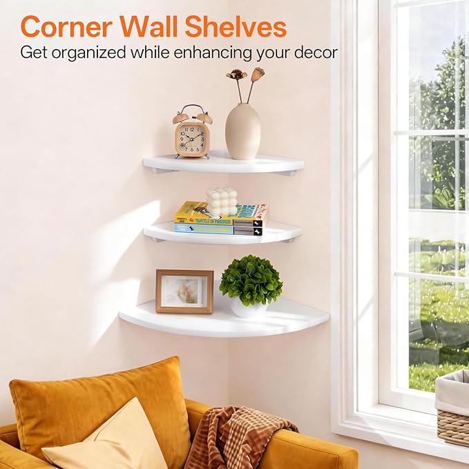Gieanoo White Corner Wall Shelf 16inch Solid Oak Wood Floating Corner Shelf - Image 4
