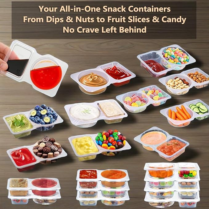 30 Sets Reusable Snack Containers Double Compartment Snackle Box Container with Lids - Leak-Proof BPA-Free Food Storage, Condiments Portion Control Dip Cups for Kids School Lunches, Meal Prep, Takeout