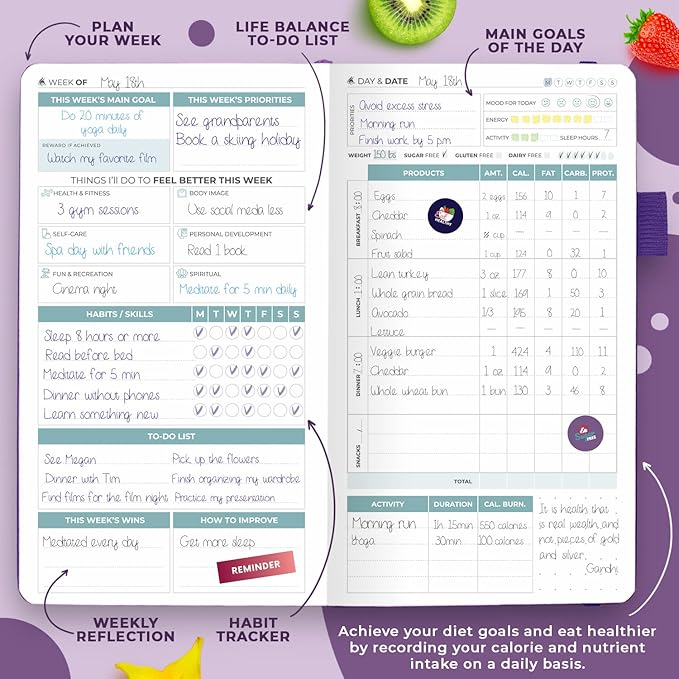 Clever Fox Wellness Planner - Weekly & Daily Health and Wellness Log, Food Journal & Meal Planner Diary for Calorie Counting, Notebook for Medical Condition Tracking – Pocket size (Purple)