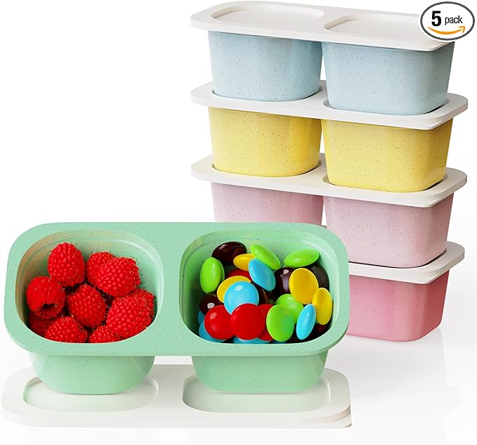 2 Compartment Snack Pack Containers for Kids, 5 Pack Reusable Snack Containers with Lids, Toddler Snack Containers, BPA-Free, Microwave Dishwasher Safe, Lunchbox Accessories for Travel