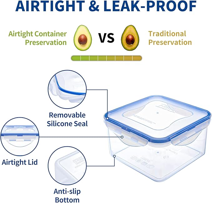 KIGI 42 oz Square Food Storage Containers, Leak-proof &Airtight, 4-Sided Locking Lid, Ideal for Lunch, Meal Prep, Leftover & Salad, BPA-Free Plastic, 5.2 cup, 6 Piece Set