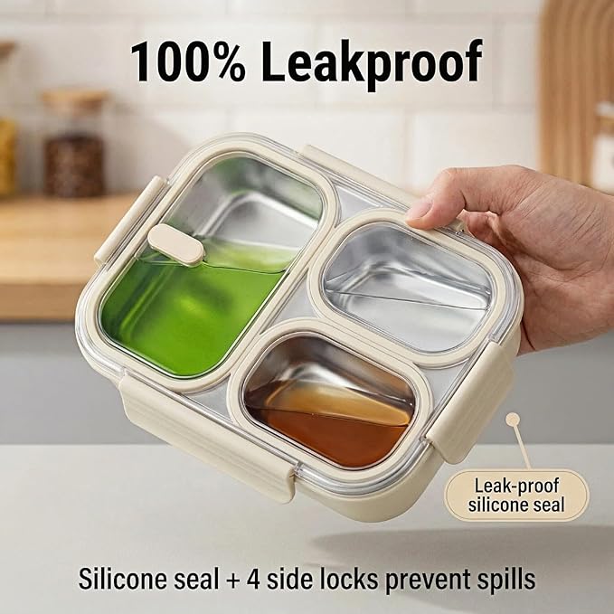 Stainless Steel Lunch Box for Kids, 3-Compartment Bento Box with Lid | Leakproof, Eco-Friendly Metal Food Container for School, Work, Picnic | Easy to Clean & Microwave Safe (White)