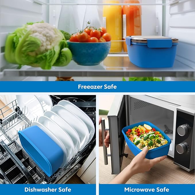 Cherrysea 2Pack Salad Lunch Container, 68oz Salad Bowls with 4 Compartments Tray,Leak Proof Lunch Box with Fork for Men,Women BPA-Free Snack Box with Sauce Container for Dressings - Blue