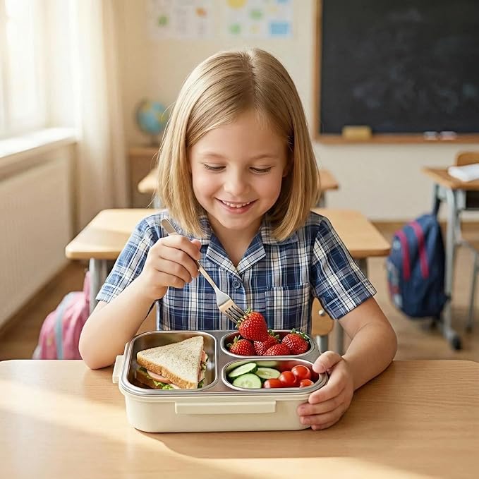 Stainless Steel Lunch Box for Kids, 3-Compartment Bento Box with Lid | Leakproof, Eco-Friendly Metal Food Container for School, Work, Picnic | Easy to Clean & Microwave Safe (White)
