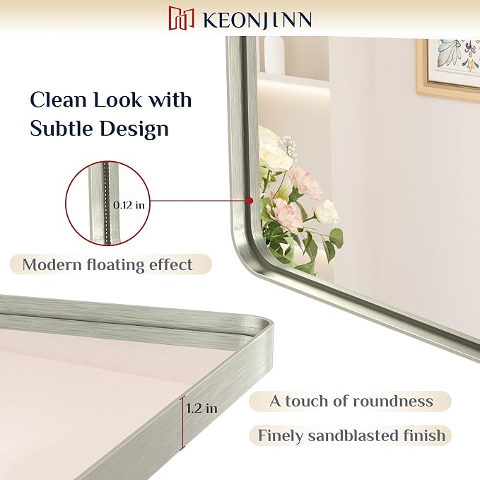 Keonjinn 72 x 36 Brushed Nickel Bathroom Vanity Mirror, Large Rounded Rectangle - Image 3