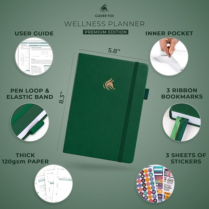 Clever Fox Wellness Planner - Weekly & Daily Health and Wellness Log, Food Journal & Meal Planner Diary for Calorie Counting, Notebook for Medical Condition Tracking, A5-Sized - Forest Green