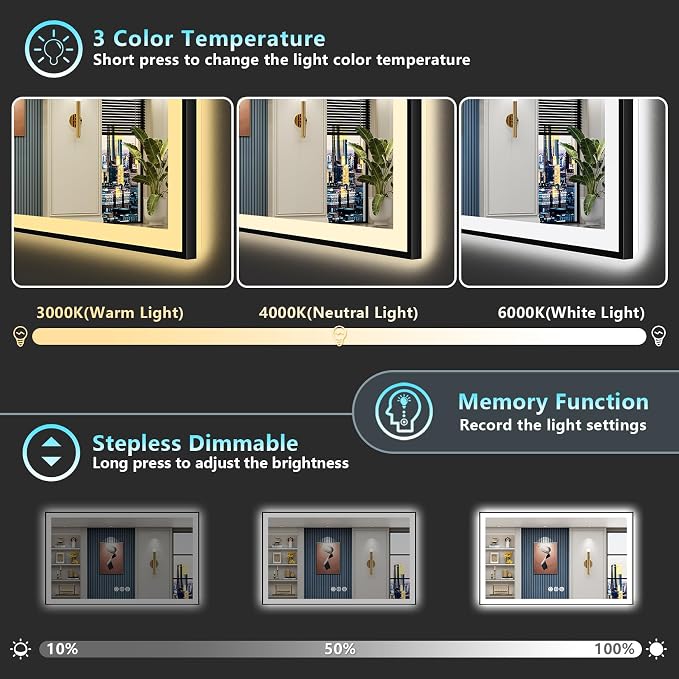 50x30 Black Framed LED Bathroom Mirror - Image 5