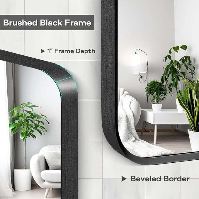 Wall Mount Mirror for Bathroom, Brushed Black Metal Framed Rounded Corner - Image 5