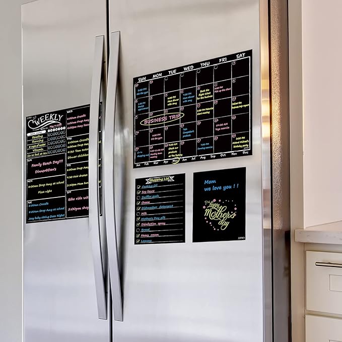 Magnetic Chalkboard Monthly Calendar - Weekly Planner Blackboard Combo Set w/Neon Bright Liquid Chalk Markers - Bonus Grocery List and Notepad Blackboard for Refrigerator Included