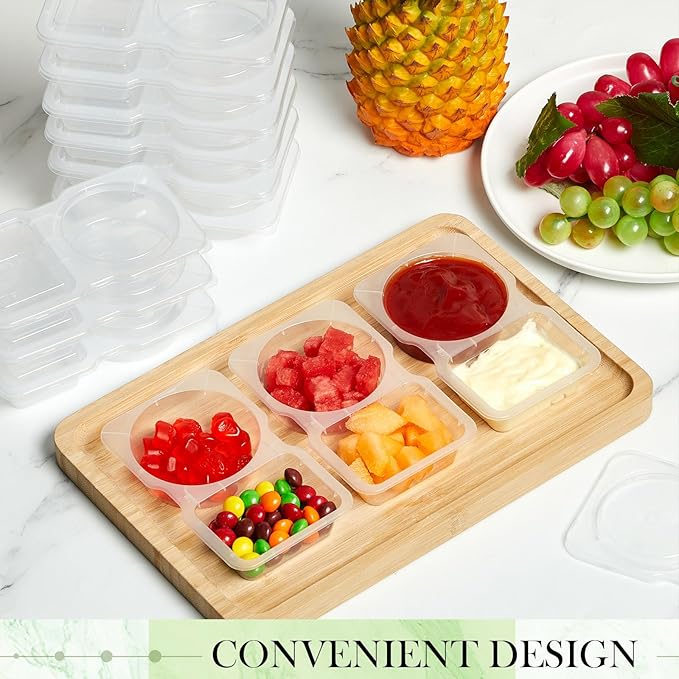 Blushtier 50 Pcs Pack Snack Containers with Lids, 5 oz Double Compartment Plastic Food Containers, Portable Divided Snack Cups for School, Office, Meal Prep, Sauces, Dips, On-the-go Camping (Clear)