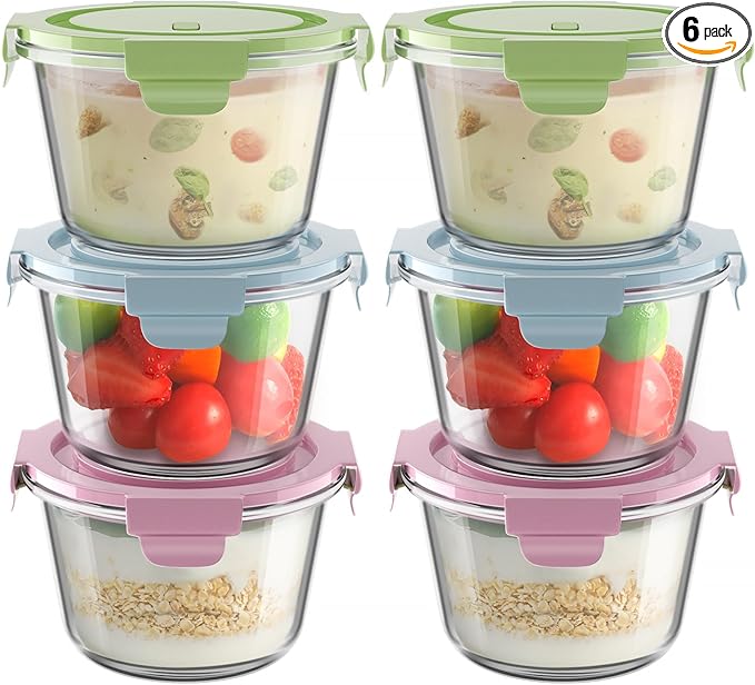 16oz Glass Meal Prep Containers with Lids, Airtight 2 Cup Glass Food Storage Containers Set, Heat-Resistant BPA-Free Container for Soup, Leftovers, Microwave, Oven, Dishwasher & Freezer Safe (6 Packs)