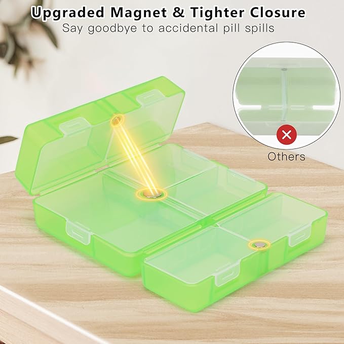 FYY Daily Pill Organizer, 7 Compartments Portable Pill Case Travel Pill Organizer,[Folding Design] Pill Box for Purse Pocket to Hold Vitamins,Cod Liver Oil,Supplements and Medication-Clear Green