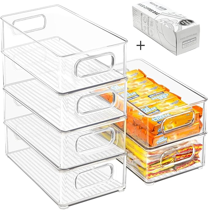 Stackable Refrigerator Organizer Bins, 6 Pack Clear Kitchen Organizer Container Bins with Handles and 20 PCS Plastic Bags for Pantry, Cabinets, Shelves, Drawer, Freezer - Food Safe, BPA Free 10"L