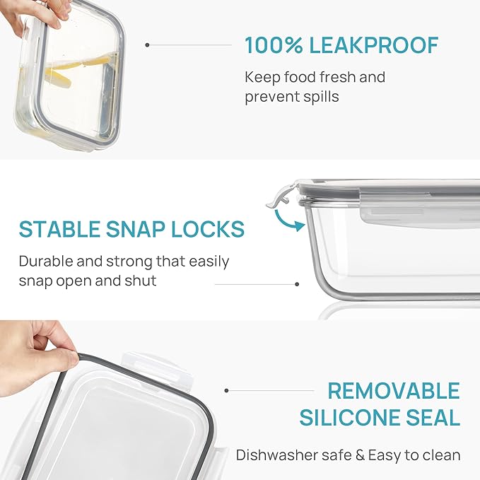 Vtopmart 2Pack 1860ml/63oz Large Glass Storage Containers with Lids, Meal Prep Food Container Set with Snap Airtight Lid for Baking, Microwave, Oven, Leak Proof, for Freezer, Dishwasher, Grey