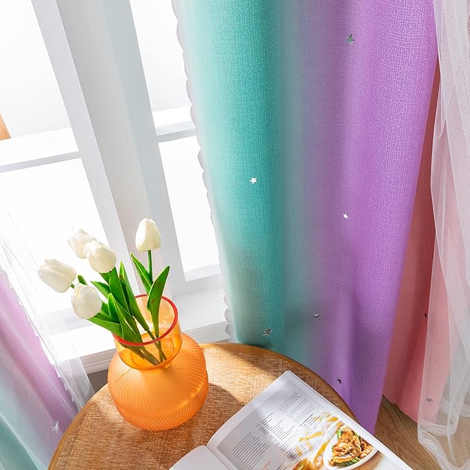 XiDi Curtains for Bedroom Decor, Rainbow PinkPuGreen-34-45 - Image 3