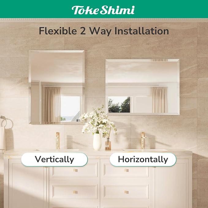 TokeShimi 36x36 Beveled Mirror Frameless Tempered, Rectangle Bathroom Mirror - Image 7