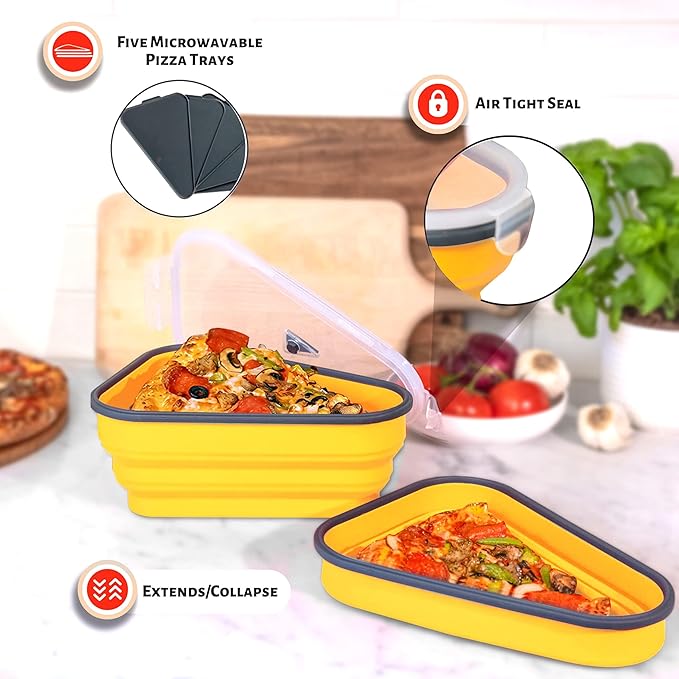 PIZZA PACK The Perfect Reusable Pizza Storage Container with 5 Microwavable Serving Trays - BPA-Free Adjustable Pizza Slice Container to Organize & Save Space, 2 Pack, Yellow