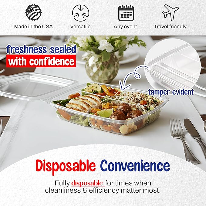 MT Products Clear Plastic 4 Compartment Tamper Evident Lunch Container 6" x 7" - Disposable Bento Box (Pack of 15) - Made in USA