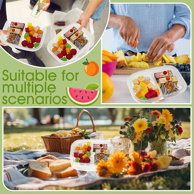 Chunful 36 Pcs 2 Compartment Transparent Snack Containers with Lids Disposable Bento Box Plastic Food Meal Prep Containers for Condiment Salad Dipping School Work Lunch
