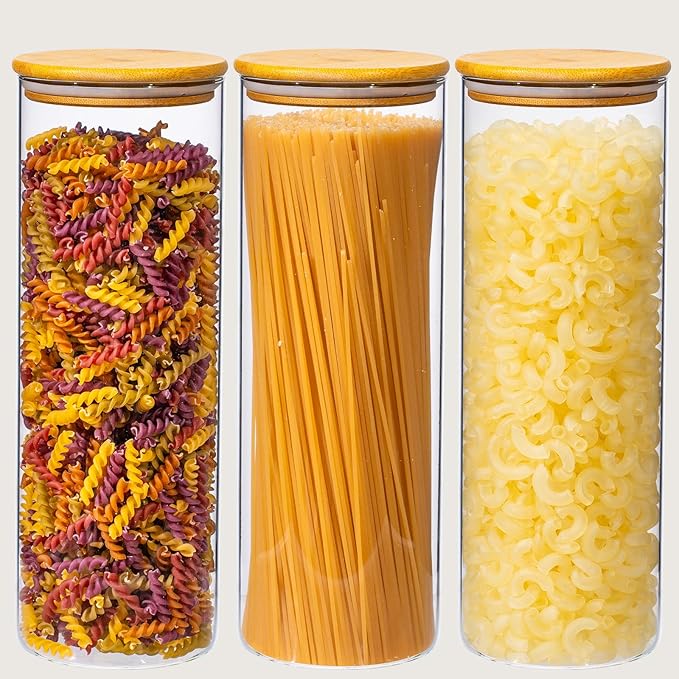 70oz 3PCS Round Spaghetti Pasta Storage Containers with Lids, Tall Pantry Containers, Glass Tight Food Storage Jars with Lids for Penne, Macaroni, Lasagna, Fusilli, Cereal, Flour, Oats