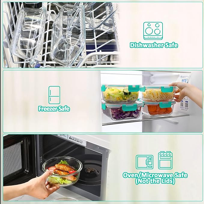 M MCIRCO 10-Pack Glass Food Storage Container with Lids, Airtight Lunch Bento Boxes, Glass Meal Prep Container,Microwave, Oven, Freezer and Dishwasher Friendly, Green